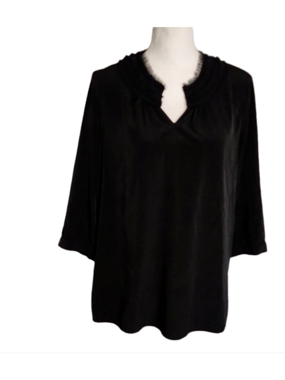 CHICO’S BLOUSE  SZ 1 TOP DARK BLACK FRINGE TUNIC PULLOVER BUTTON CUFFS silklike